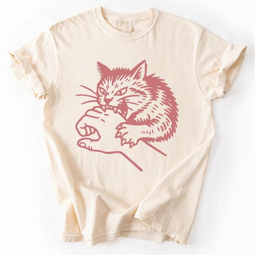 Funny Cat Biting Hand T-Shirt – Cat Lover Graphic Tee